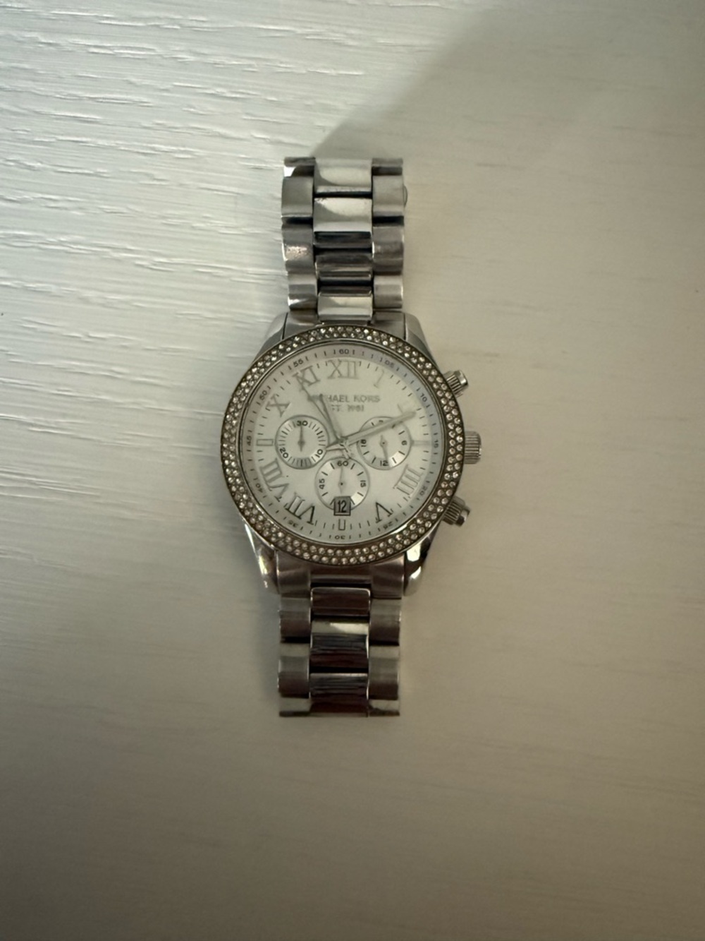Michael Kors Silver and White Crystal Accent Bracelet Watch